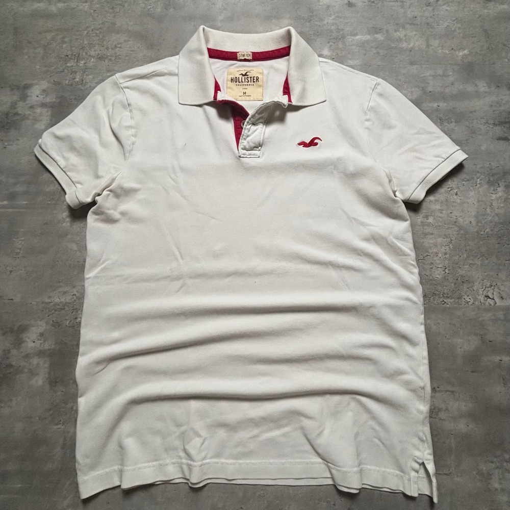 Hollister Polo Shirt Medium White Red Stretch Y2K Seagull Logo Short Sleeve